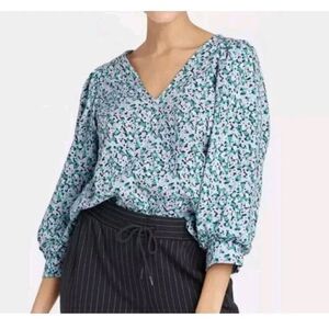 A New Day Blouse Women Balloon Sleeve V Neck Size Large Floral Cottagecore Crop